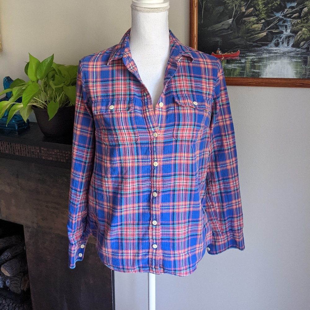 J.CREW Women's 4 Boy Shirt in Tropical Cove Plaid Pink Blue Flap Pockets 129